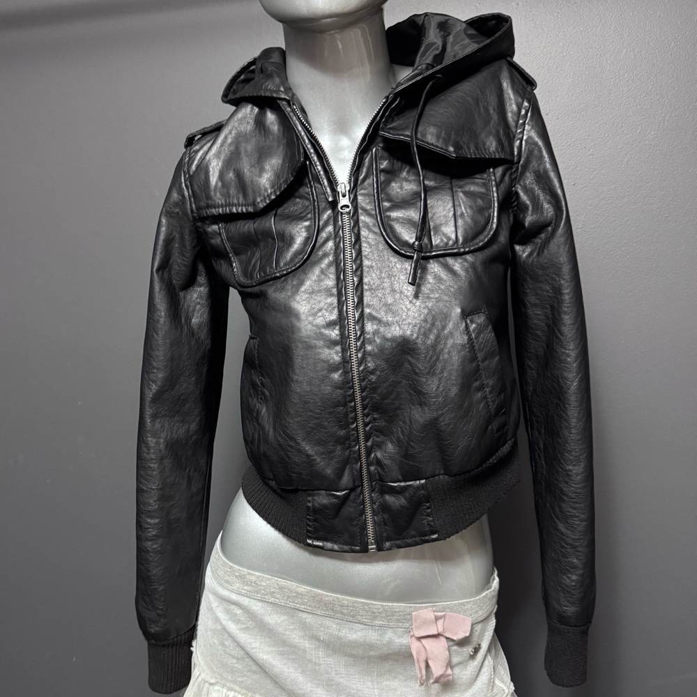 UK2LA Black Leather Hooded Bomber Jacket